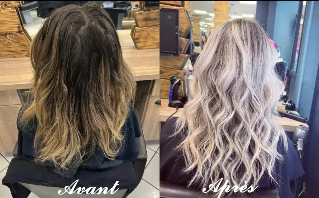 Image représentant une femme brune avant transformée en blonde bouclée.